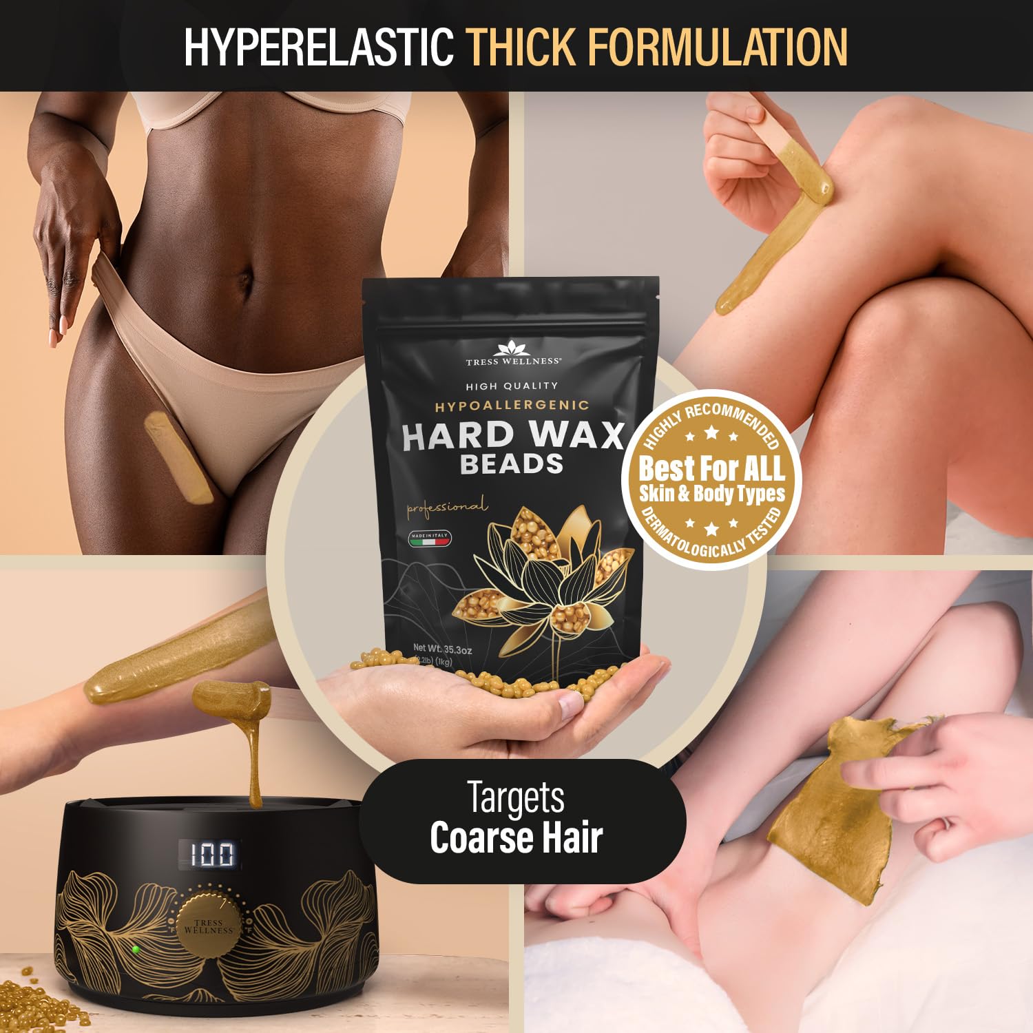 Tress Wellness dermatologically tested seal for safer waxing.