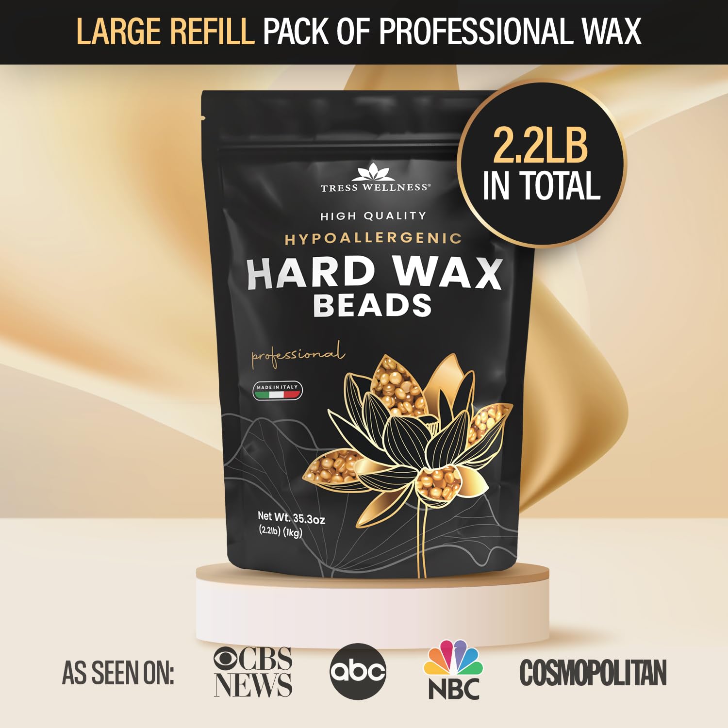 Tress Wellness gold hard wax close-up shows skin-friendly formula.