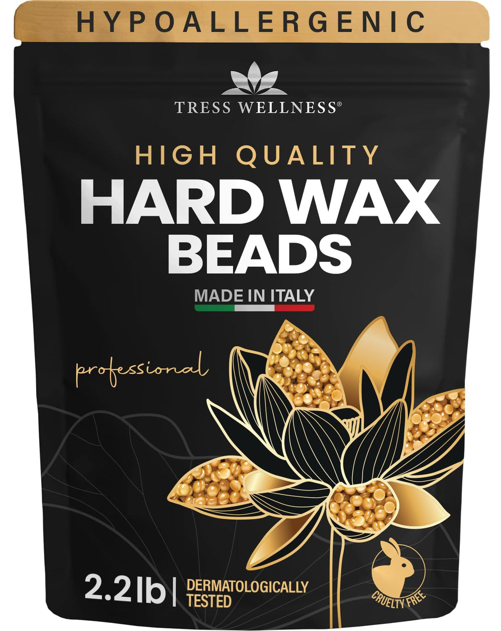 Tress Wellness wax beads jar with 2.2 lb supply for at-home waxing.