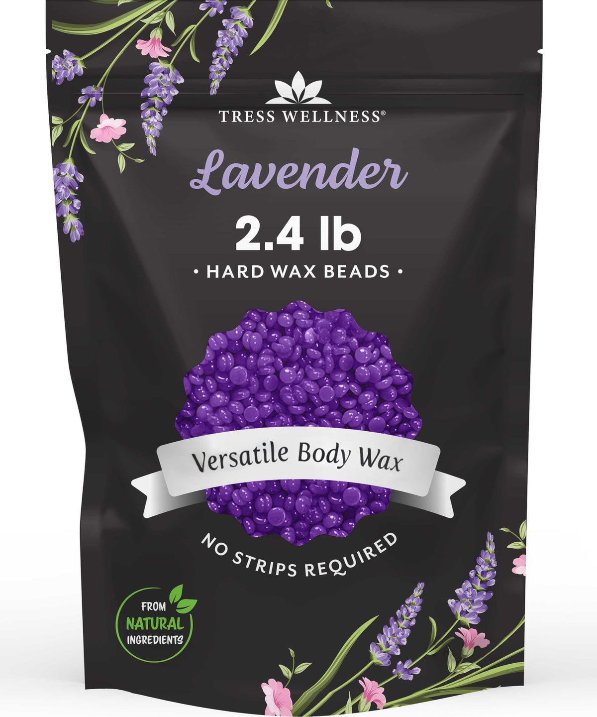 The Tress Wellness lavender wax beads in a jar for smooth at-home waxing.
