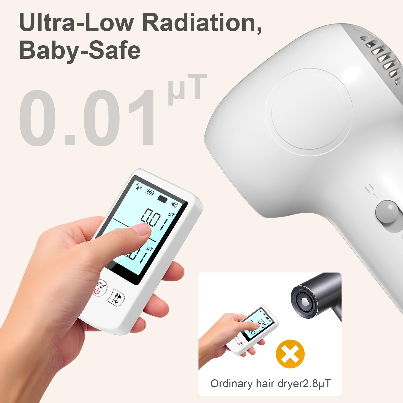 Trewf dryer delivering gentle 100 degrees F airflow for delicate baby skin.