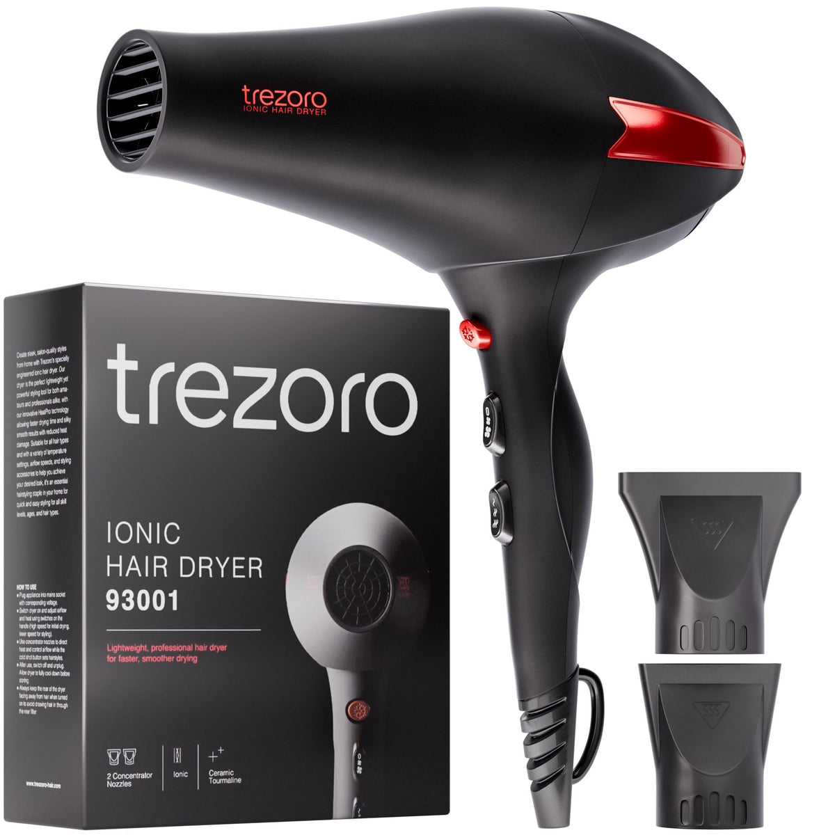 TREZORO Professional Hair Dryer with narrow nozzle for precise, fast drying.