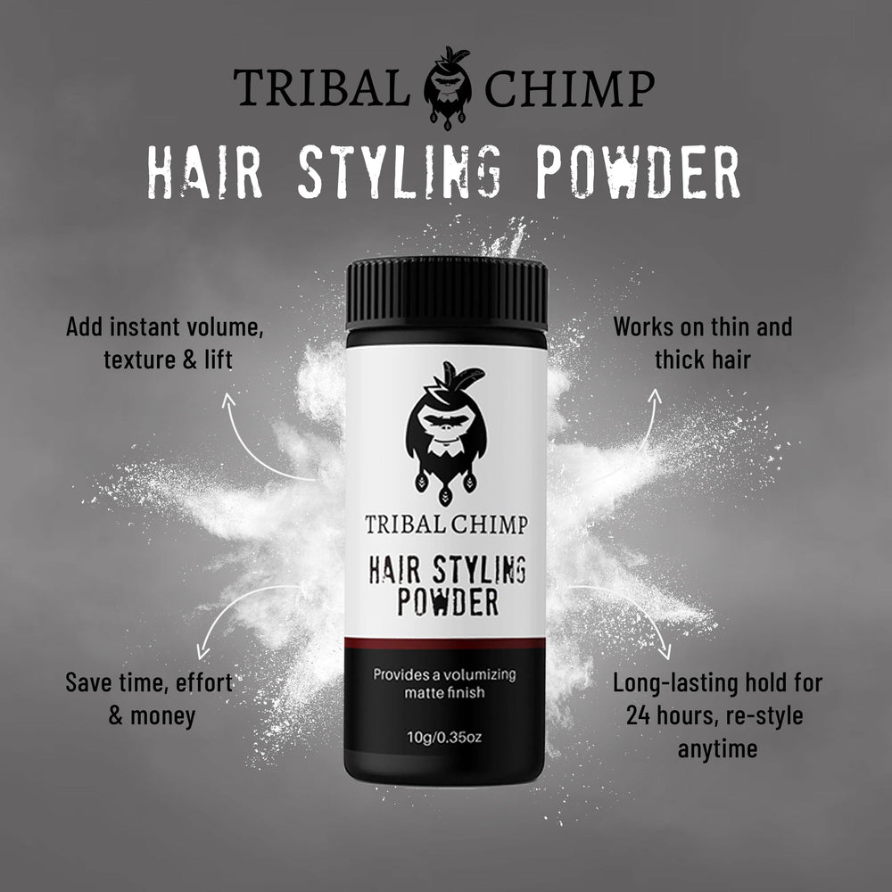 Tribal Chimp Hair Styling Powder bottle close-up shows matte finish texture