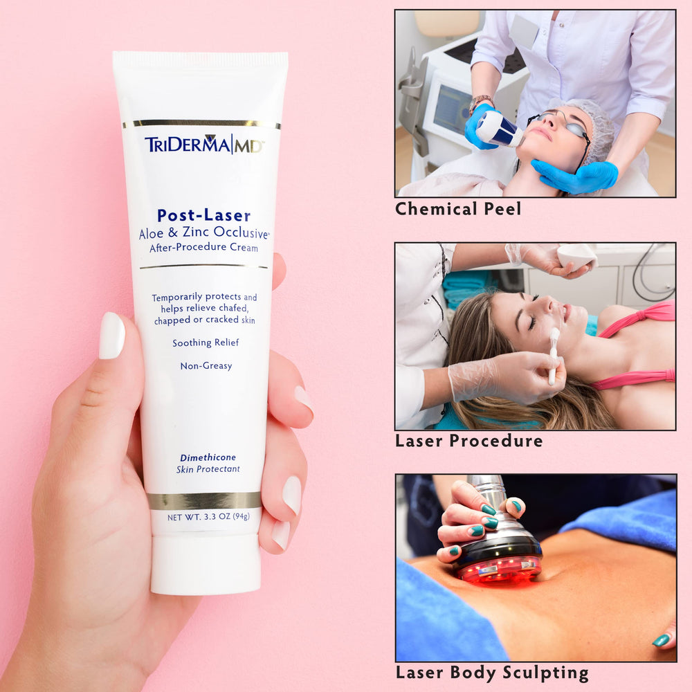 TriDerma Post Laser Aloe and Zinc Cream swirl on skin suggesting soothing