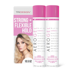 TRIDESIGN Aerogel Hairspray bottle close-up showing strong hold and shine.