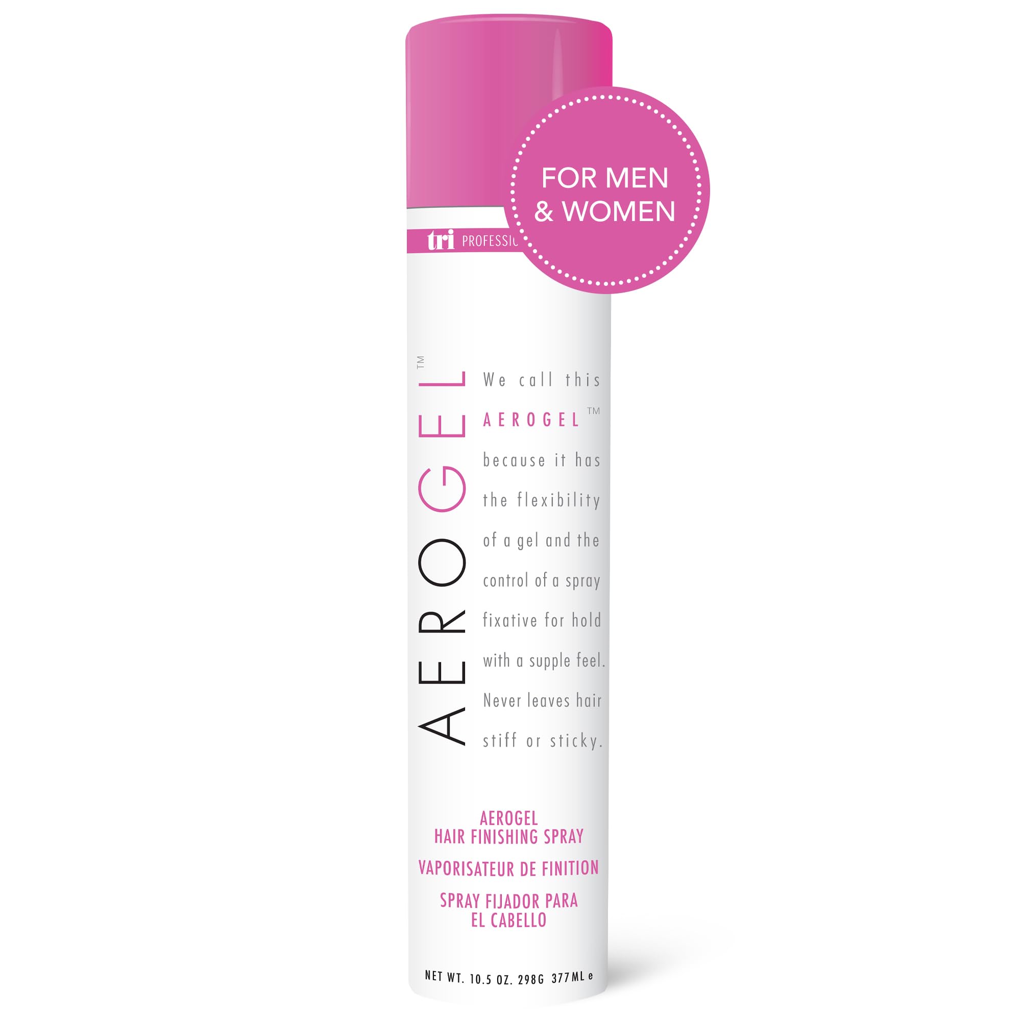TRIDESIGN Aerogel Hairspray bottle showing strong, flexible hold for lasting style.
