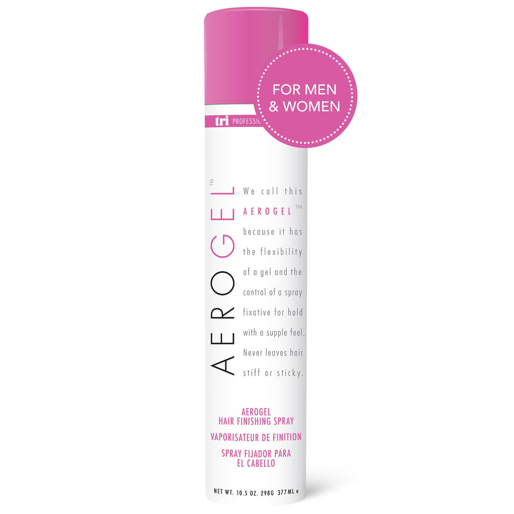 TRIDESIGN Aerogel Hairspray bottle showing strong, flexible hold for lasting style.