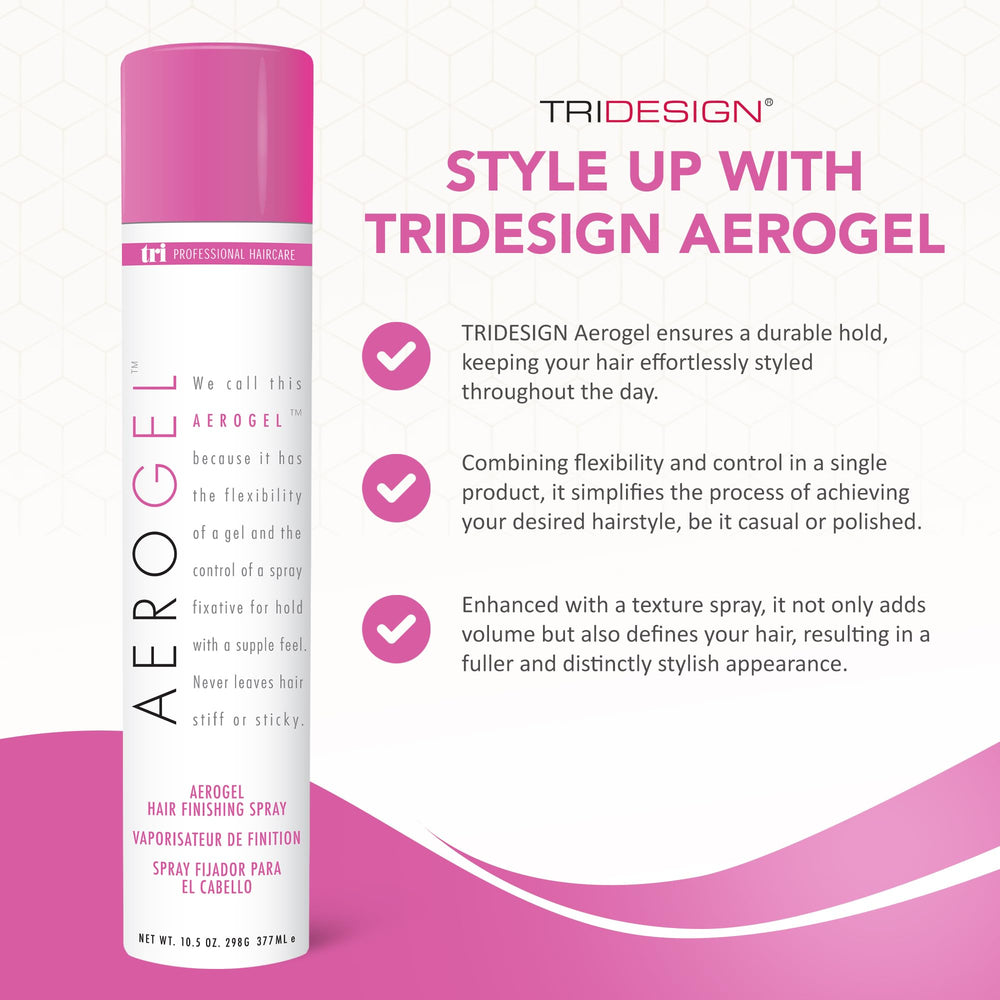 TRIDESIGN Aerogel Hairspray dispense-action captured for even application.