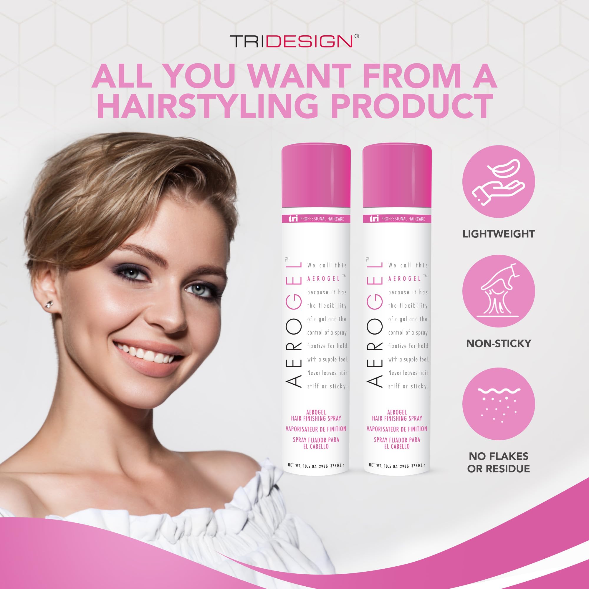 Close-up of styled hair with non-sticky Aerogel finish.
