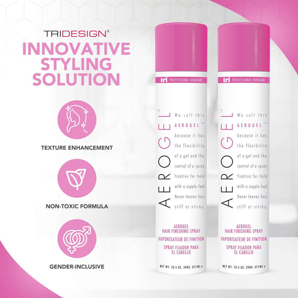 TRIDESIGN Aerogel mist on hair highlighting volume and shine.