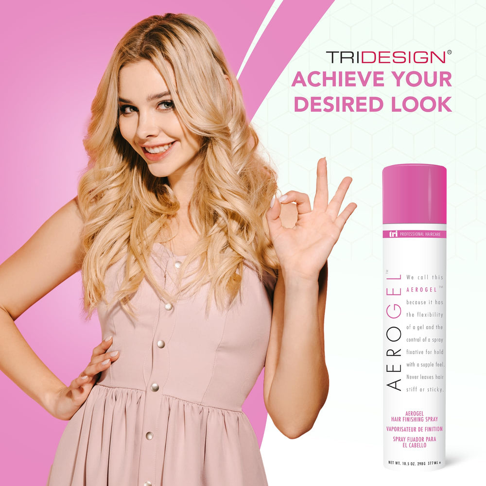TRIDESIGN Aerogel Hairspray packaging emphasizes 10.5 oz value.