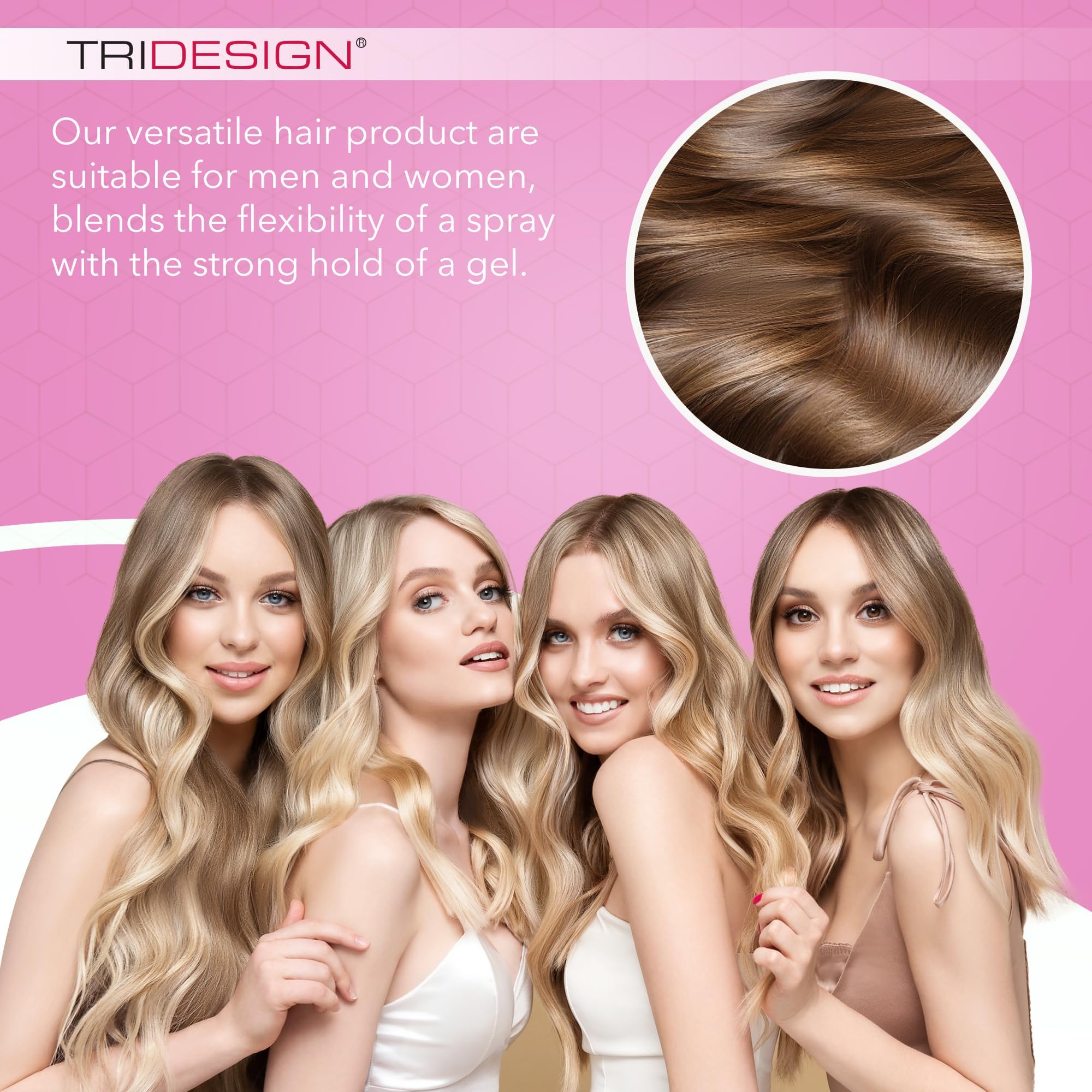 TRIDESIGN Aerogel Hairspray bottle with reflective cap emphasizes long-lasting hold.