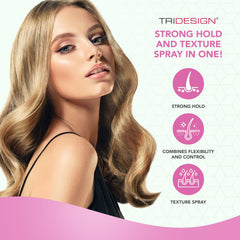 TRIDESIGN Aerogel Hairspray bottle highlights a shiny, fresh finish.