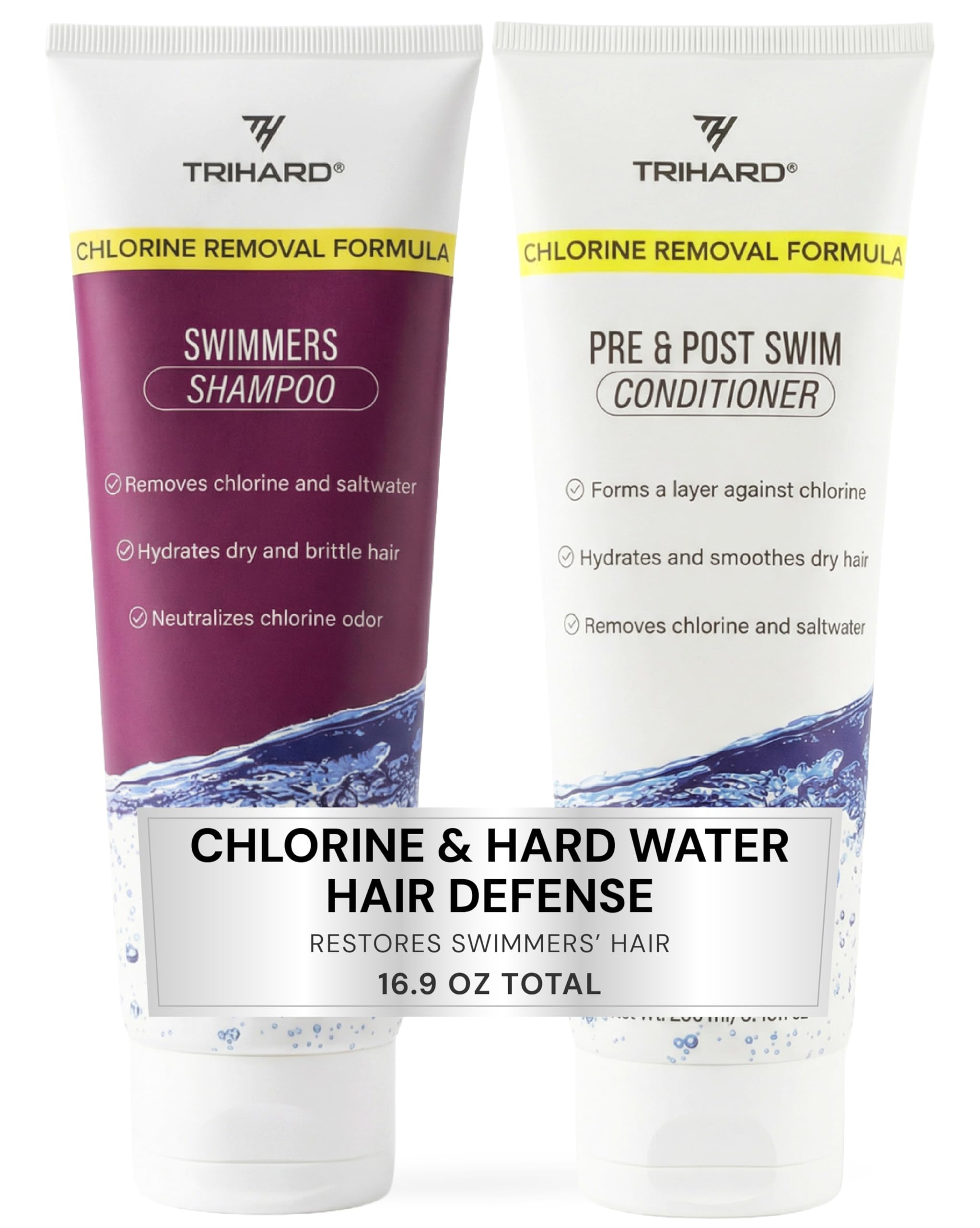 TRIHARD Chlorine Defense Swim Shampoo bottle front showcases pool hair protection.
