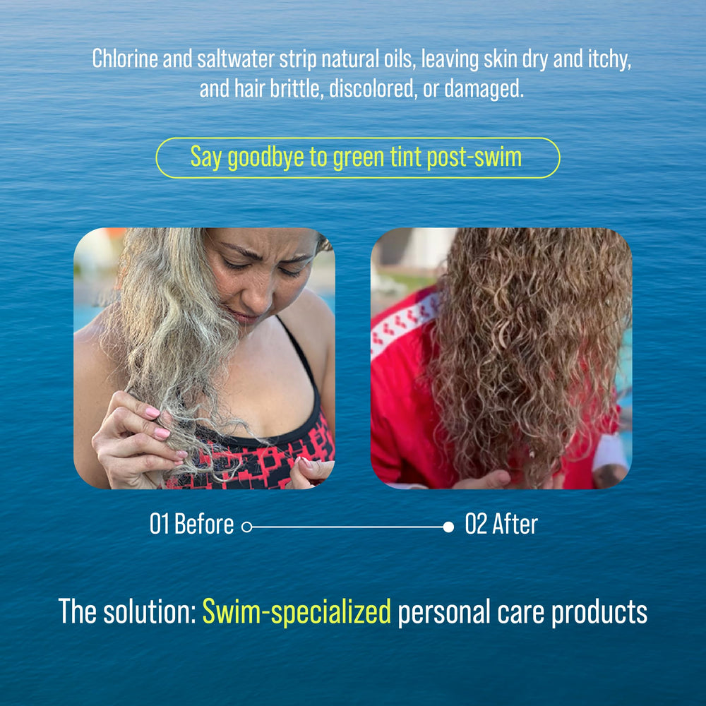 TRIHARD Chlorine Defense Swim Shampoo in hand ready for pre-swim protection.