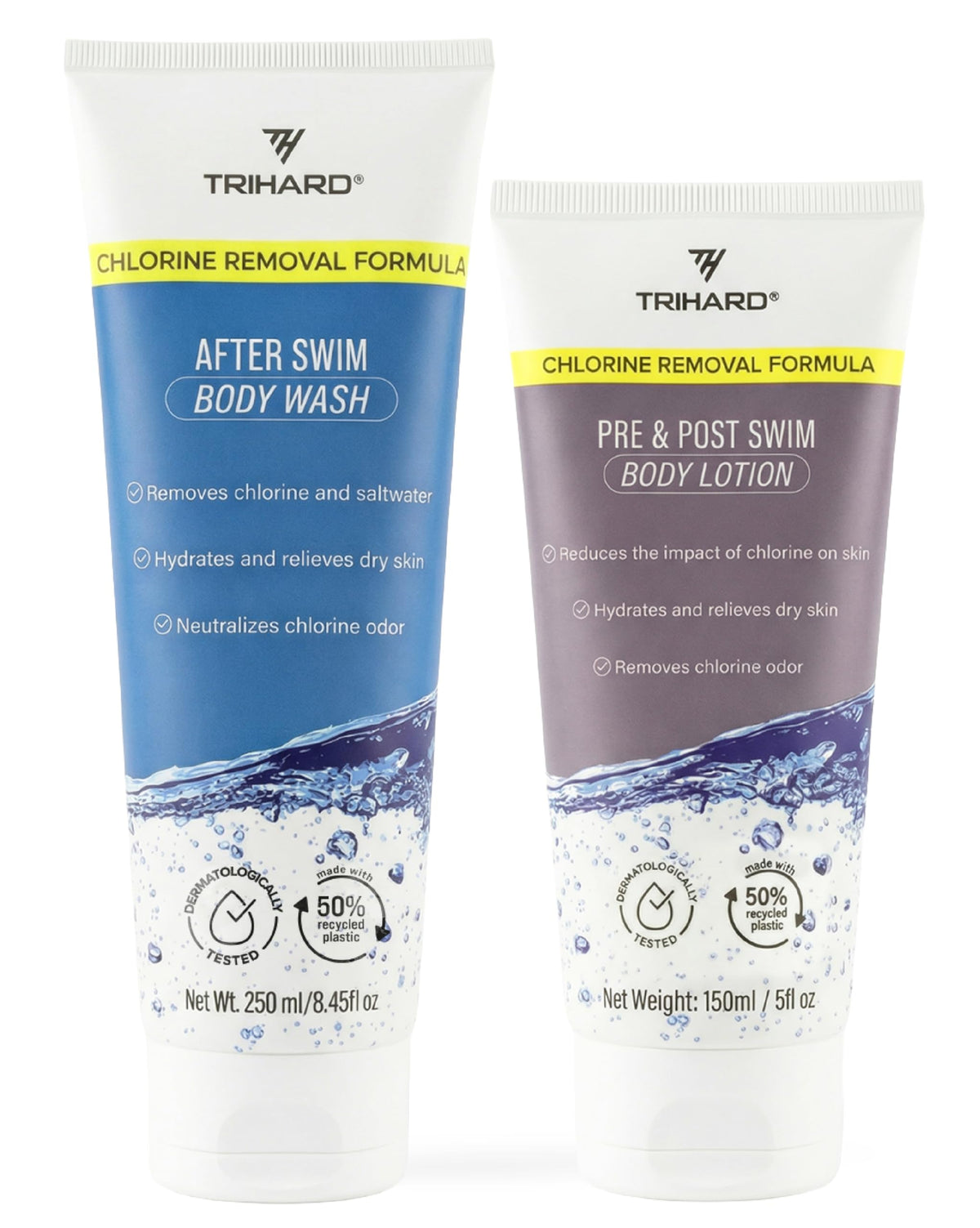 TRIHARD chlorine-removal body wash bottle, refreshing post-swim cleanse after pool exposure