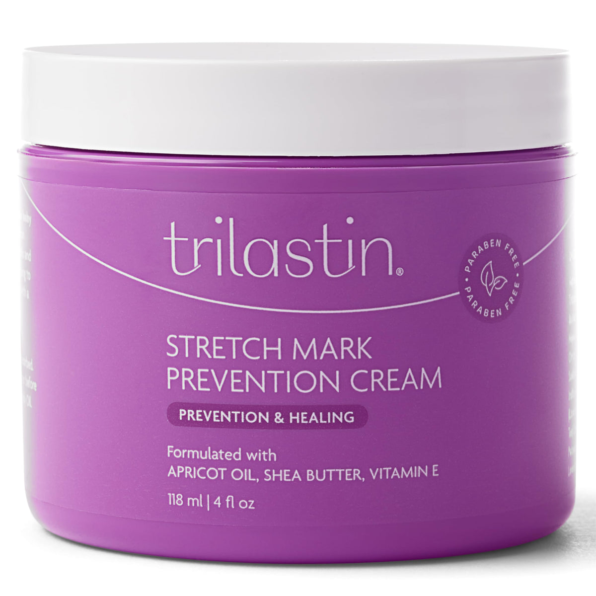 TriLASTIN belly cream jar close-up highlighting rich hydration for pregnant skin.