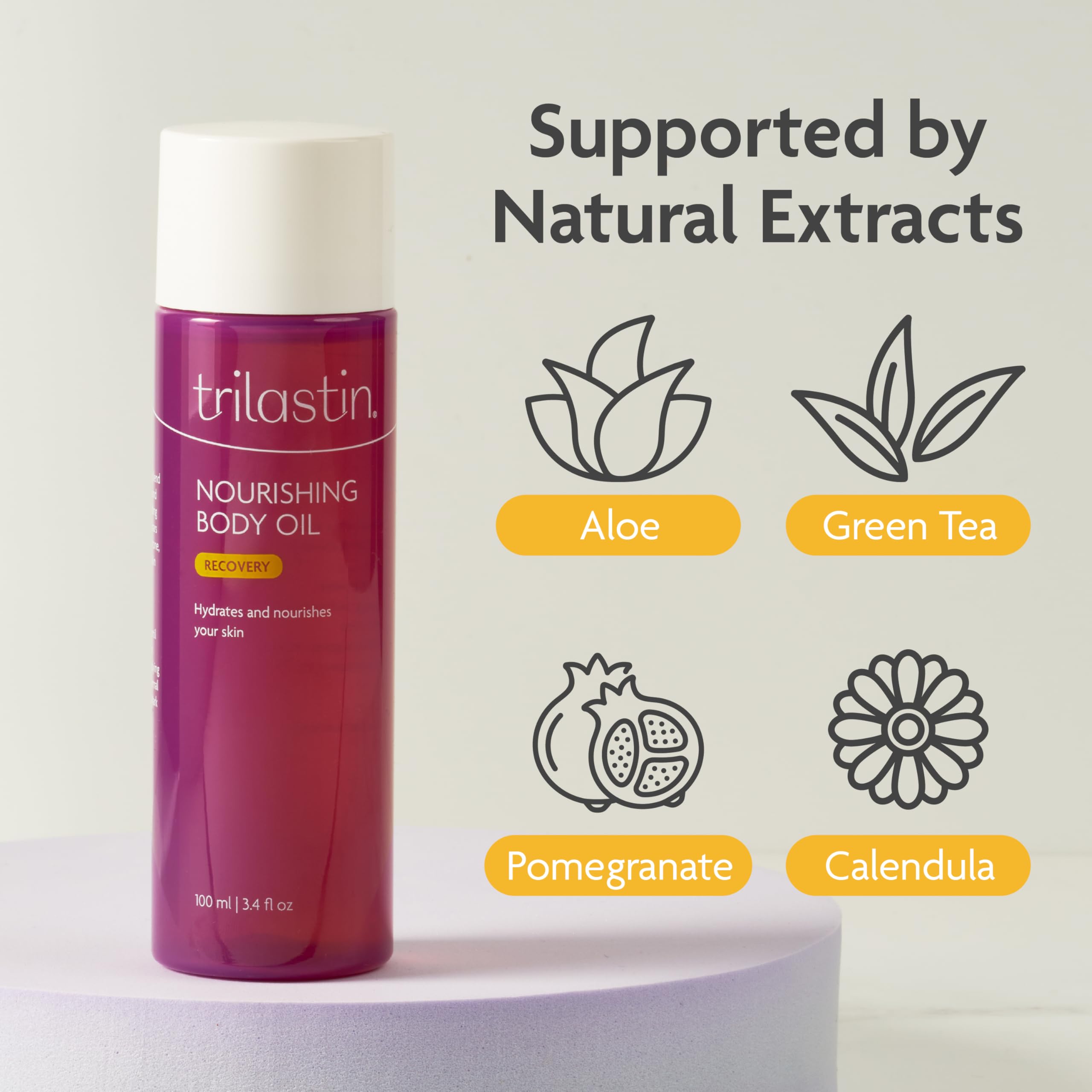 TriLASTIN Body Oil on belly skin illustrates nurturing hydration for stretch areas.