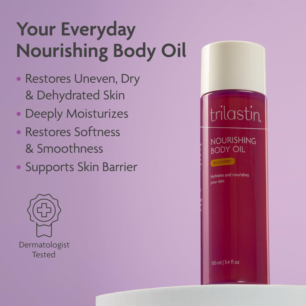 TriLASTIN Body Oil pour demonstrates quick-absorbing, non-greasy finish.
