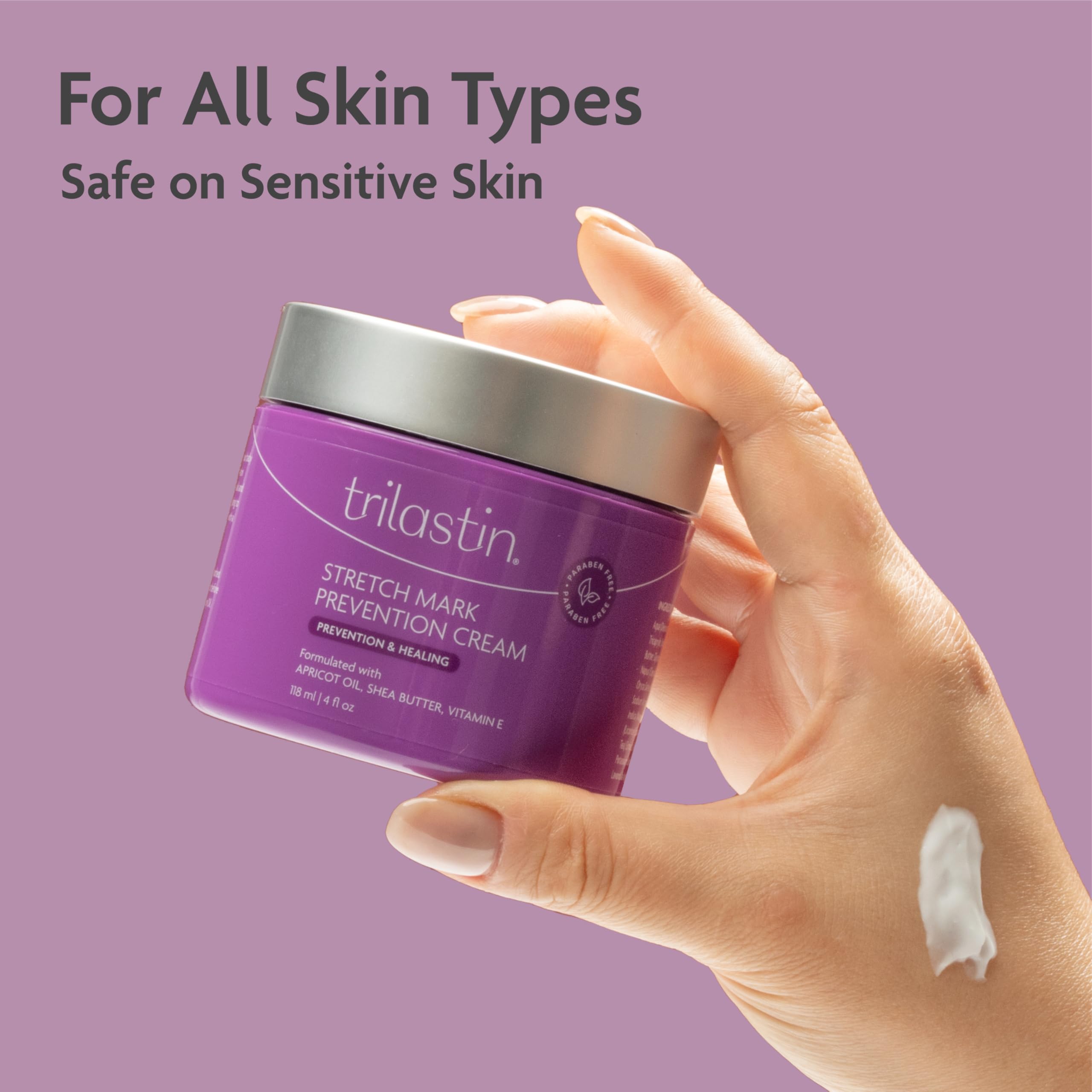 TriLASTIN packaging shows a 4 oz maternity lotion ready for daily use.