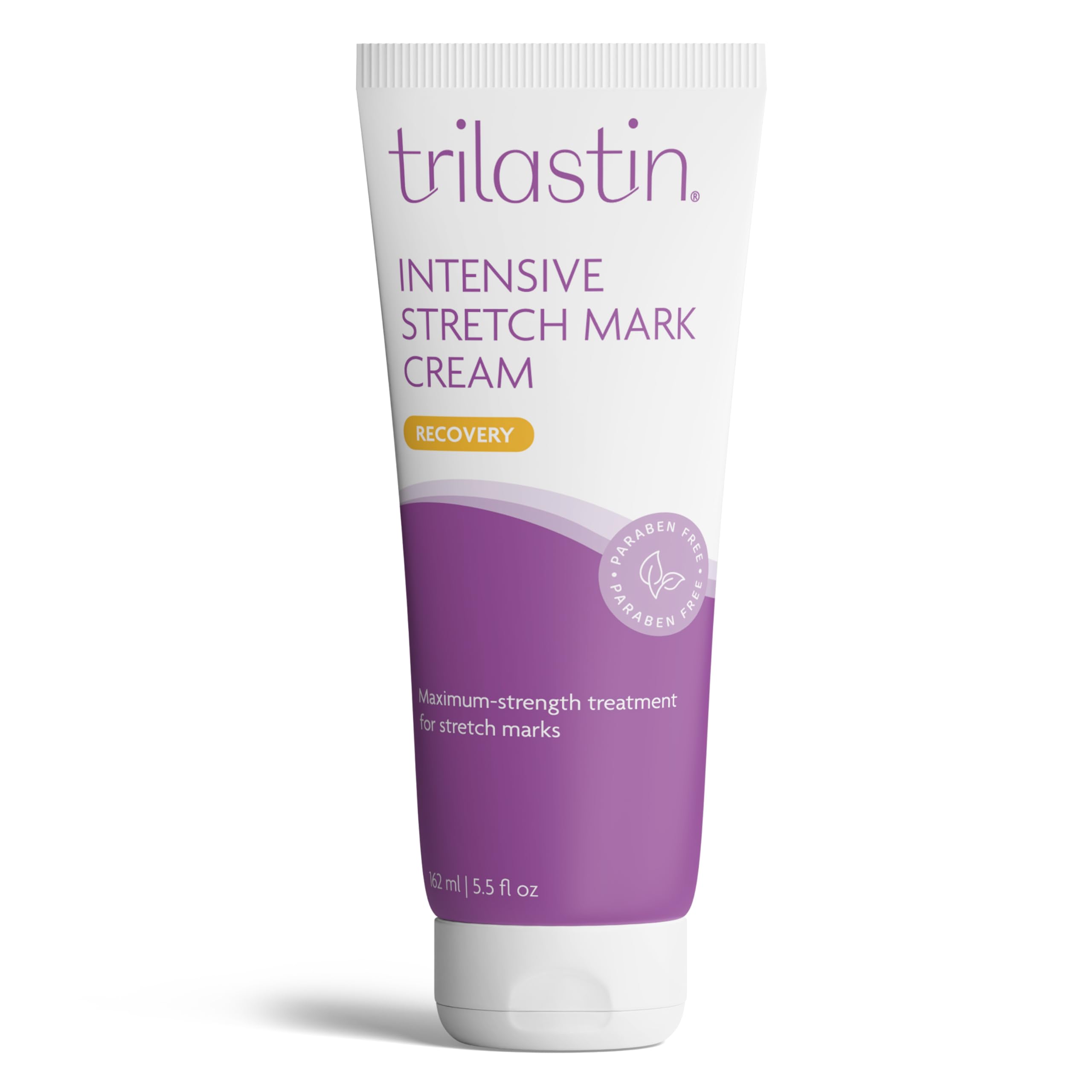 TriLASTIN Stretch Mark Cream bottle front showing unscented hydration for sensitive skin.