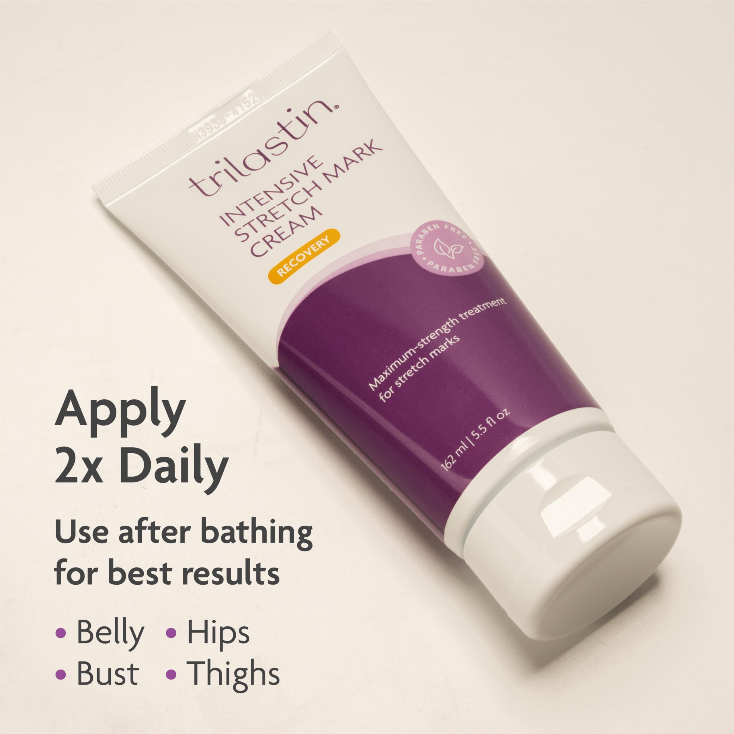 TriLASTIN Stretch Mark Cream ingredients closeup highlighting vitamin-rich formula.