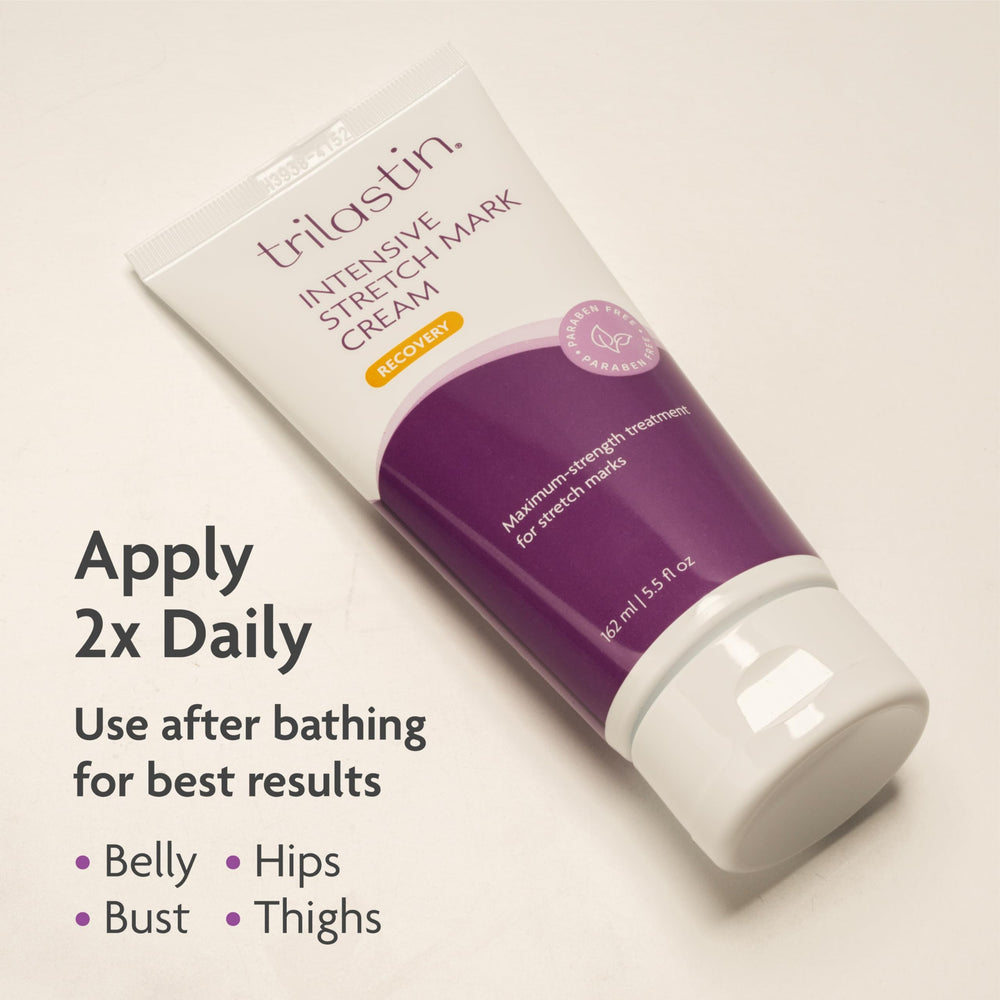 TriLASTIN Stretch Mark Cream ingredients closeup highlighting vitamin-rich formula.