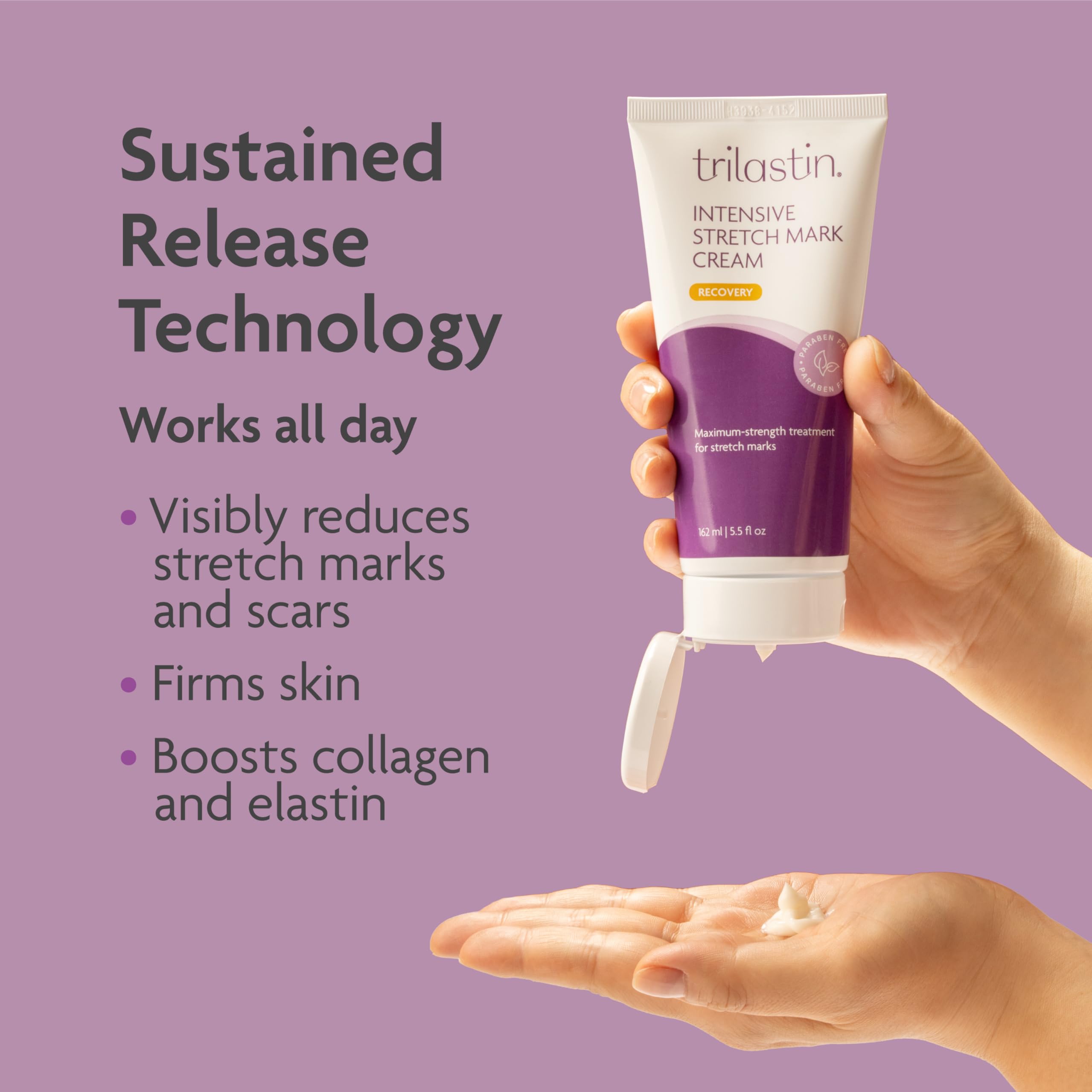 TriLASTIN Stretch Mark Cream texture demonstrates fast absorption for a non-greasy finish.