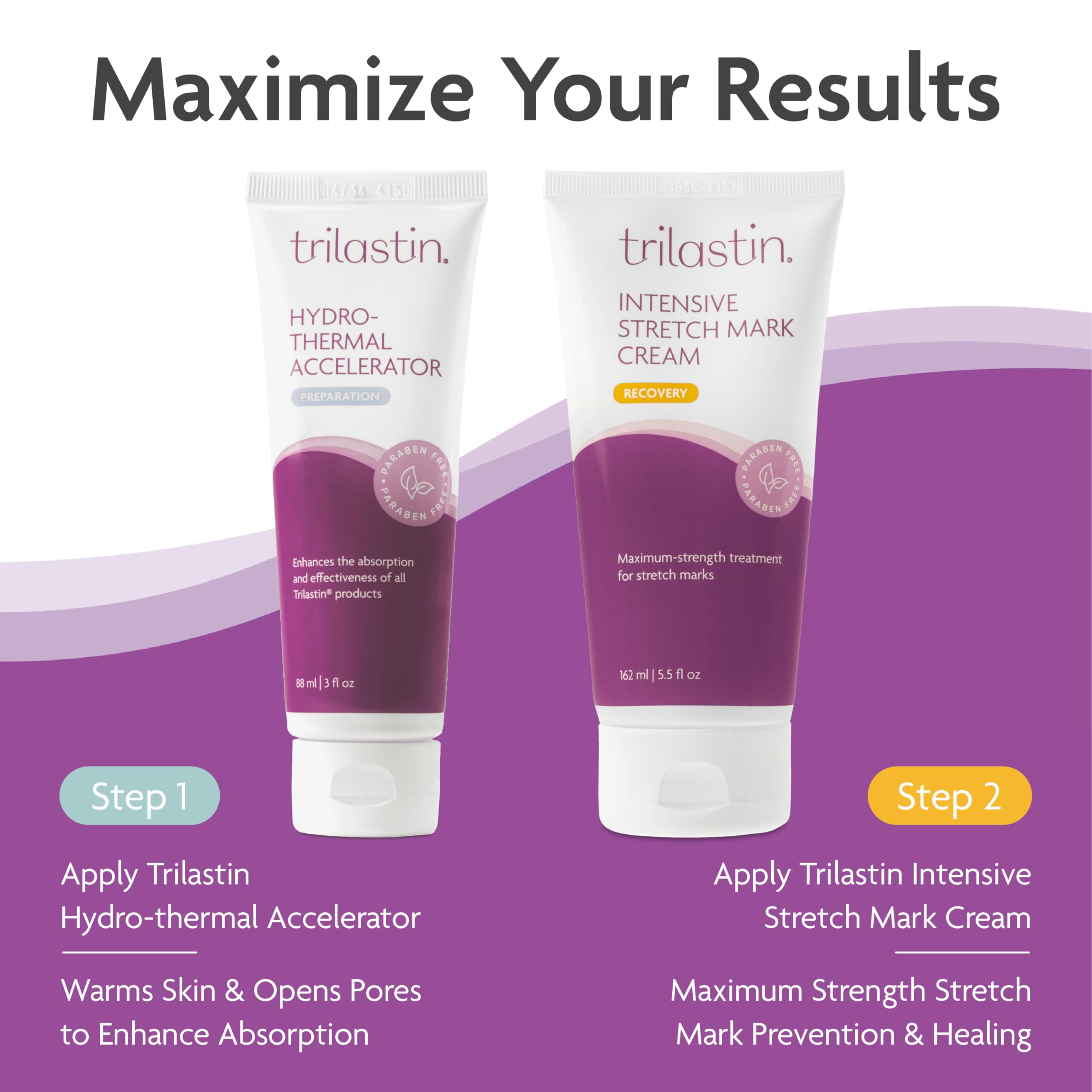 TriLASTIN Stretch Mark Cream tub closeup emphasizing unscented, dermatologist-tested care.
