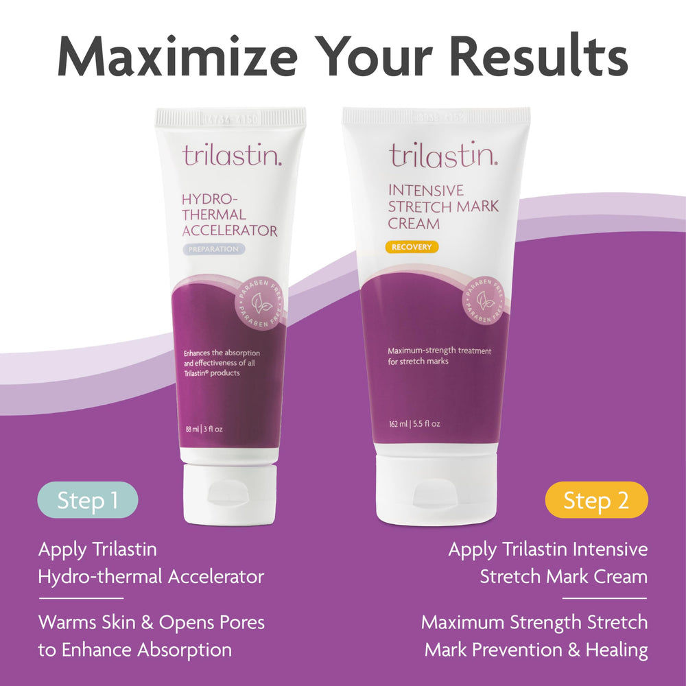 TriLASTIN Stretch Mark Cream tub closeup emphasizing unscented, dermatologist-tested care.