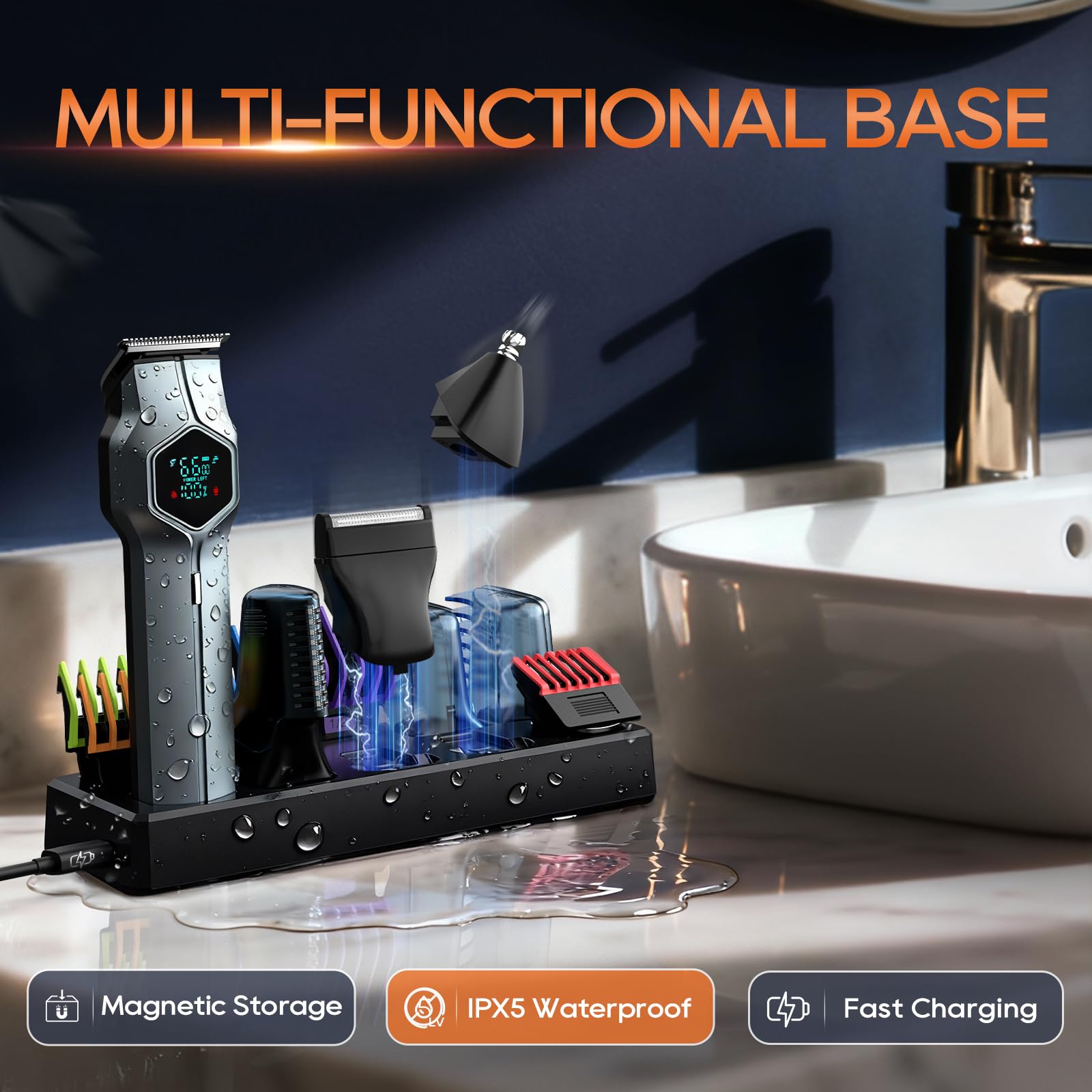 TRIMX magnetic docking base keeps heads aligned and ready.