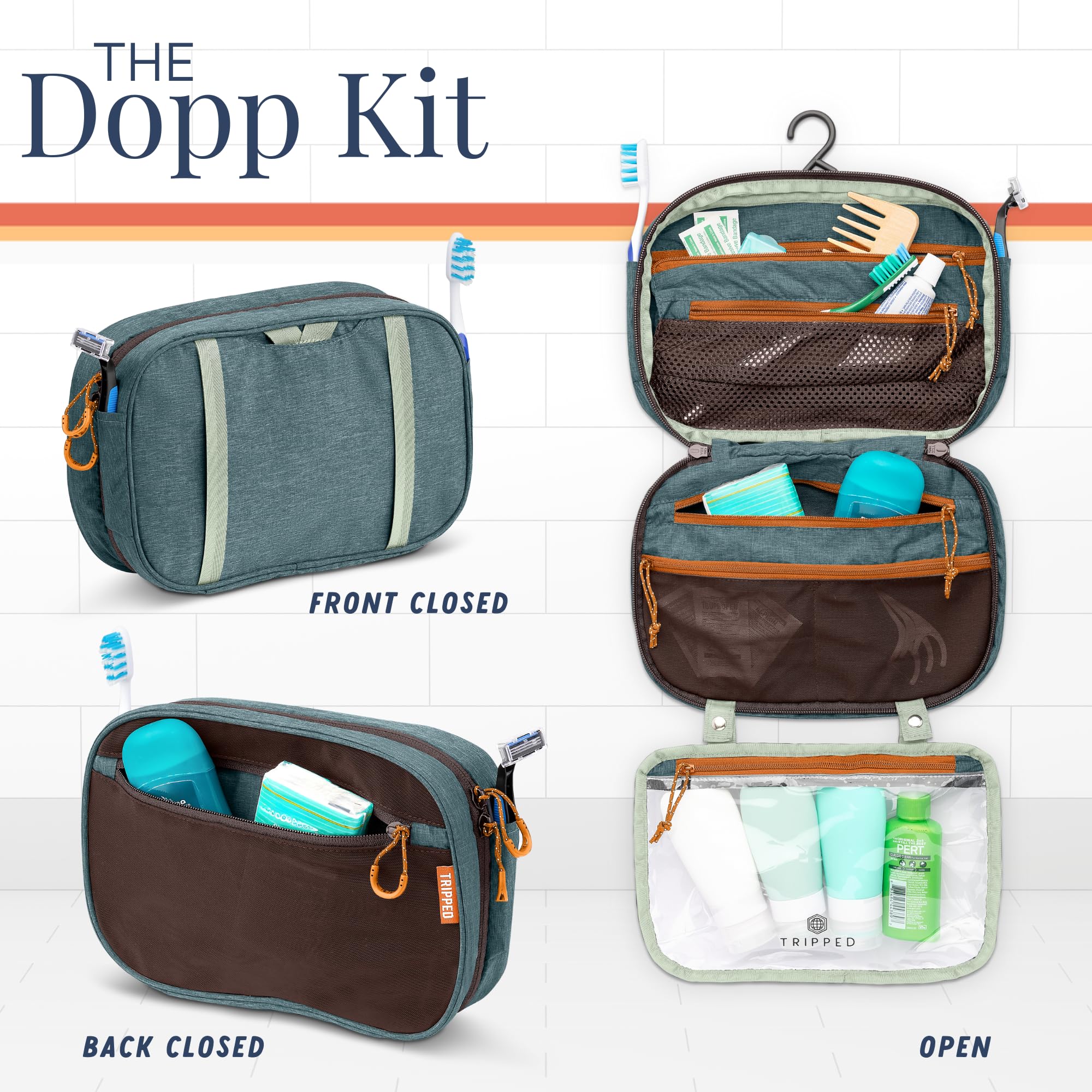 TRIPPED Travel Gear mesh pockets expand to hold cosmetics, tools, and gadgets.