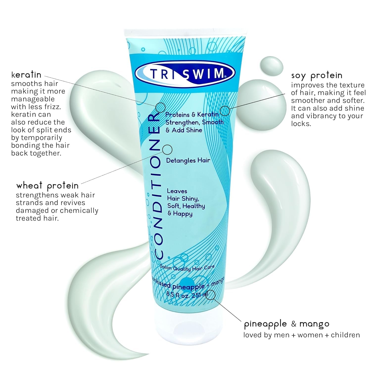 TRISWIM con proteínas y keratina para reconstruir cabello tras la piscina.