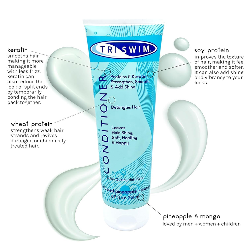 TRISWIM con proteínas y keratina para reconstruir cabello tras la piscina.