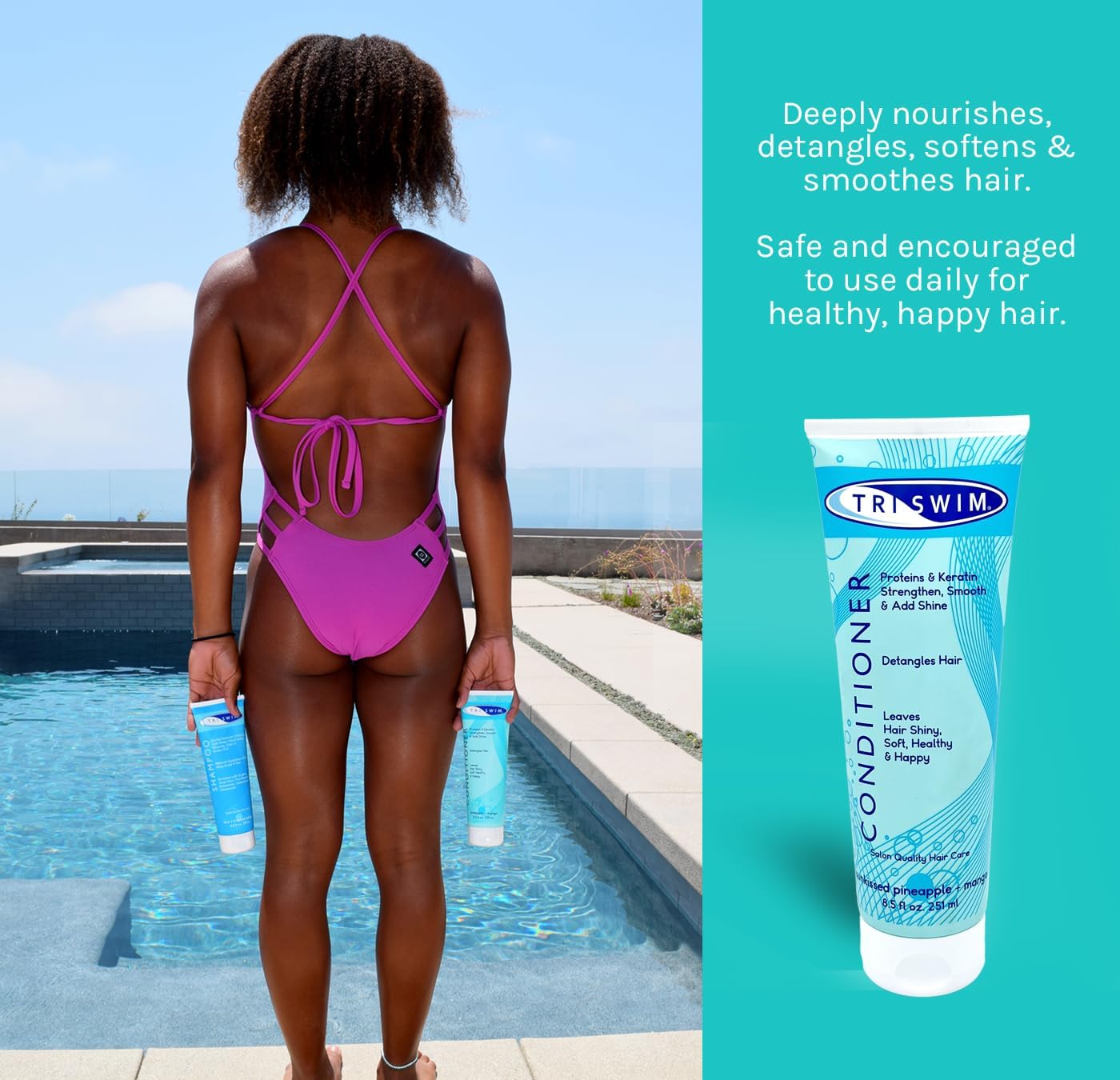 Uso diario de TRISWIM para cabello suave y manejable tras la piscina.