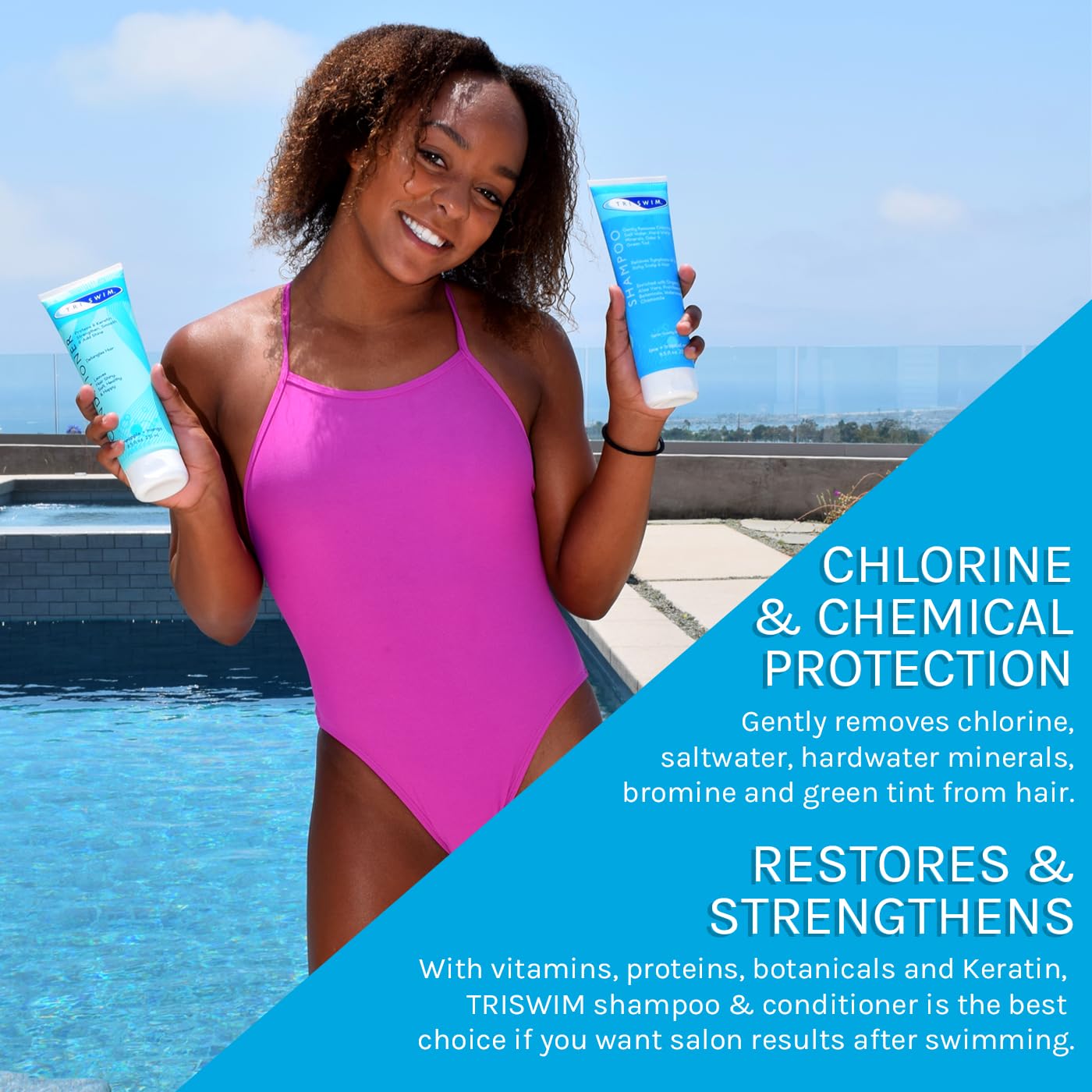 TRISWIM Chlorine Out bottle label close-up showing paraben-free formula with Aloe Vera and Keratin