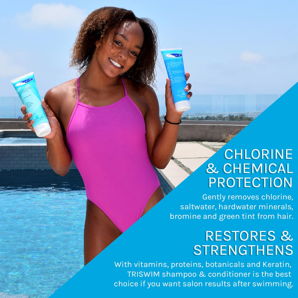TRISWIM Chlorine Out bottle label close-up showing paraben-free formula with Aloe Vera and Keratin