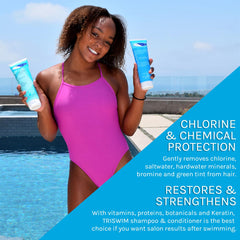 TRISWIM Chlorine Out bottle label close-up showing paraben-free formula with Aloe Vera and Keratin