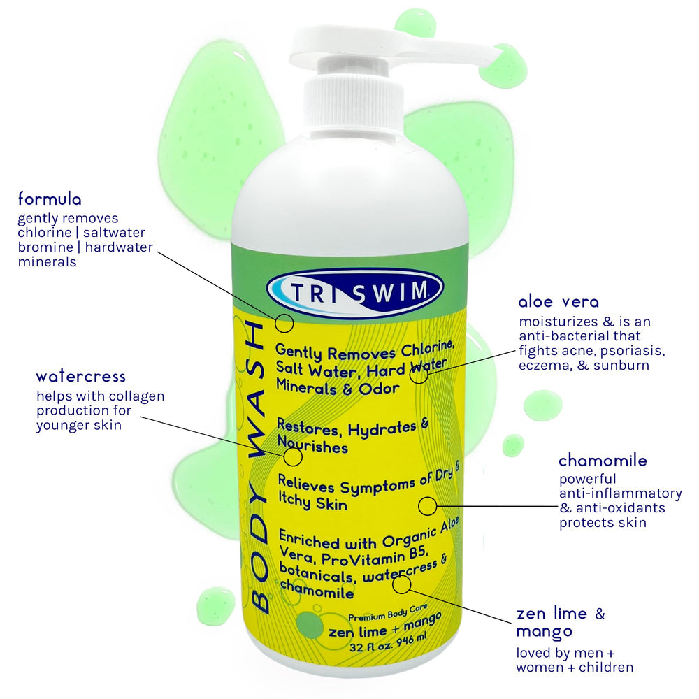 Creamy lather from TRISWIM body wash provides hydration after swimming.