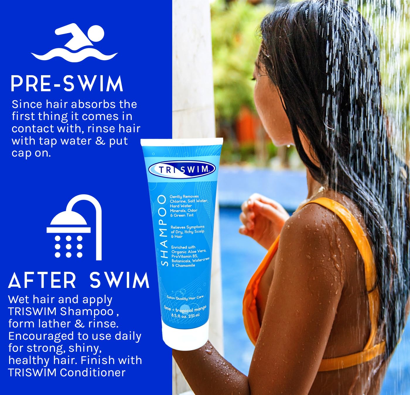 TRISWIM champú, textura crema, muestra hidratación para cabello expuesto al cloro