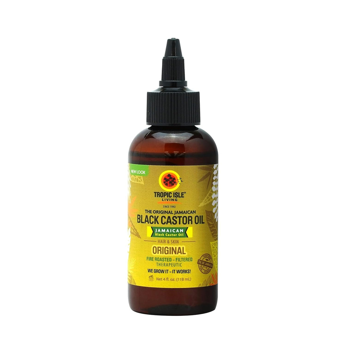 Tropic Isle Living Jamaican Black Castor Oil bottle on a vanity for hair growth and scalp nourishment