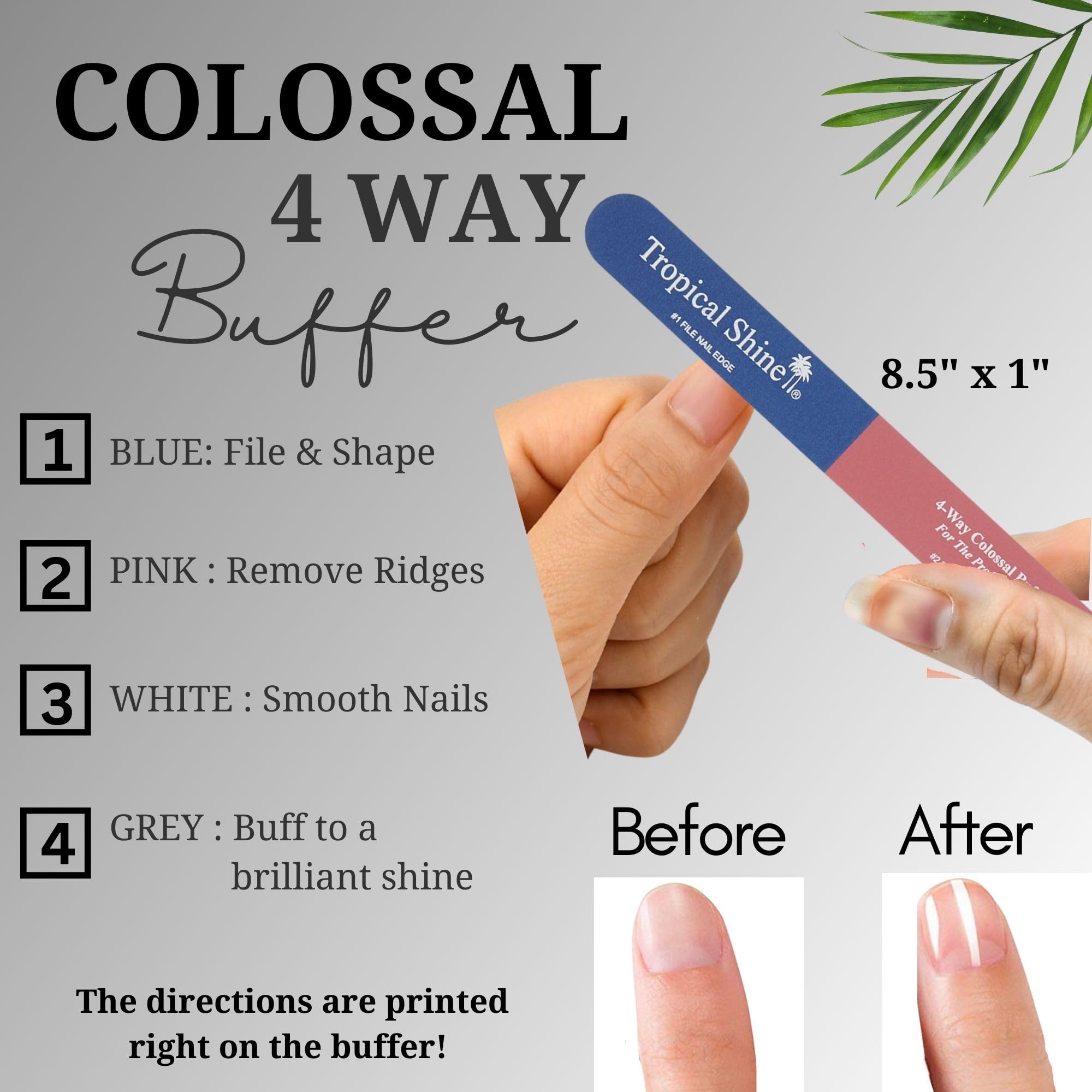 Tropical Shine Colossal 4-Way buffer demonstrates coarse edge shaping for nails.