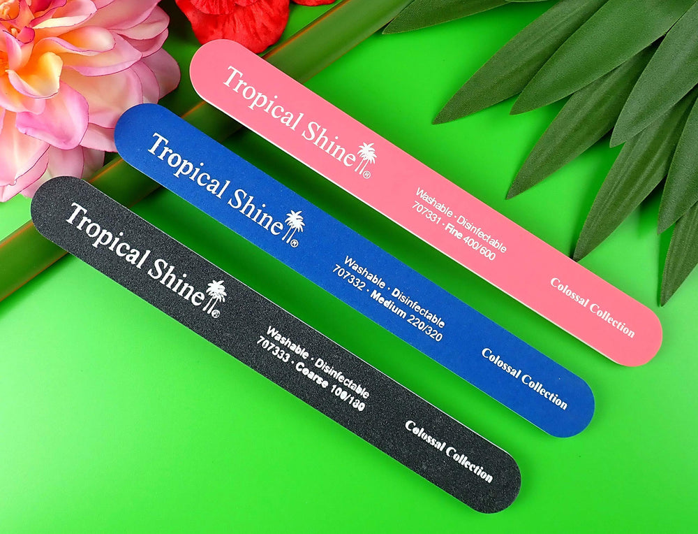 Tropical Shine reversible files set demonstrates three grits for versatile nail care.