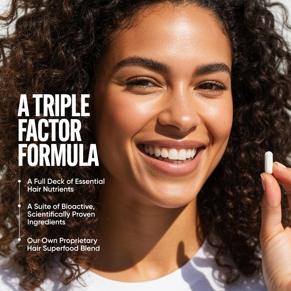 Tru Bloom capsules pictured to encourage a simple daily hair health habit