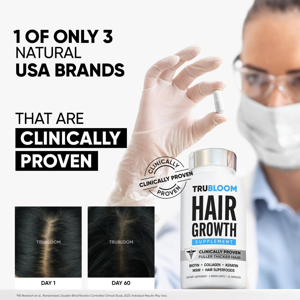 Tru Bloom ingredients graphic showing collagen, biotin, and zinc for hair health