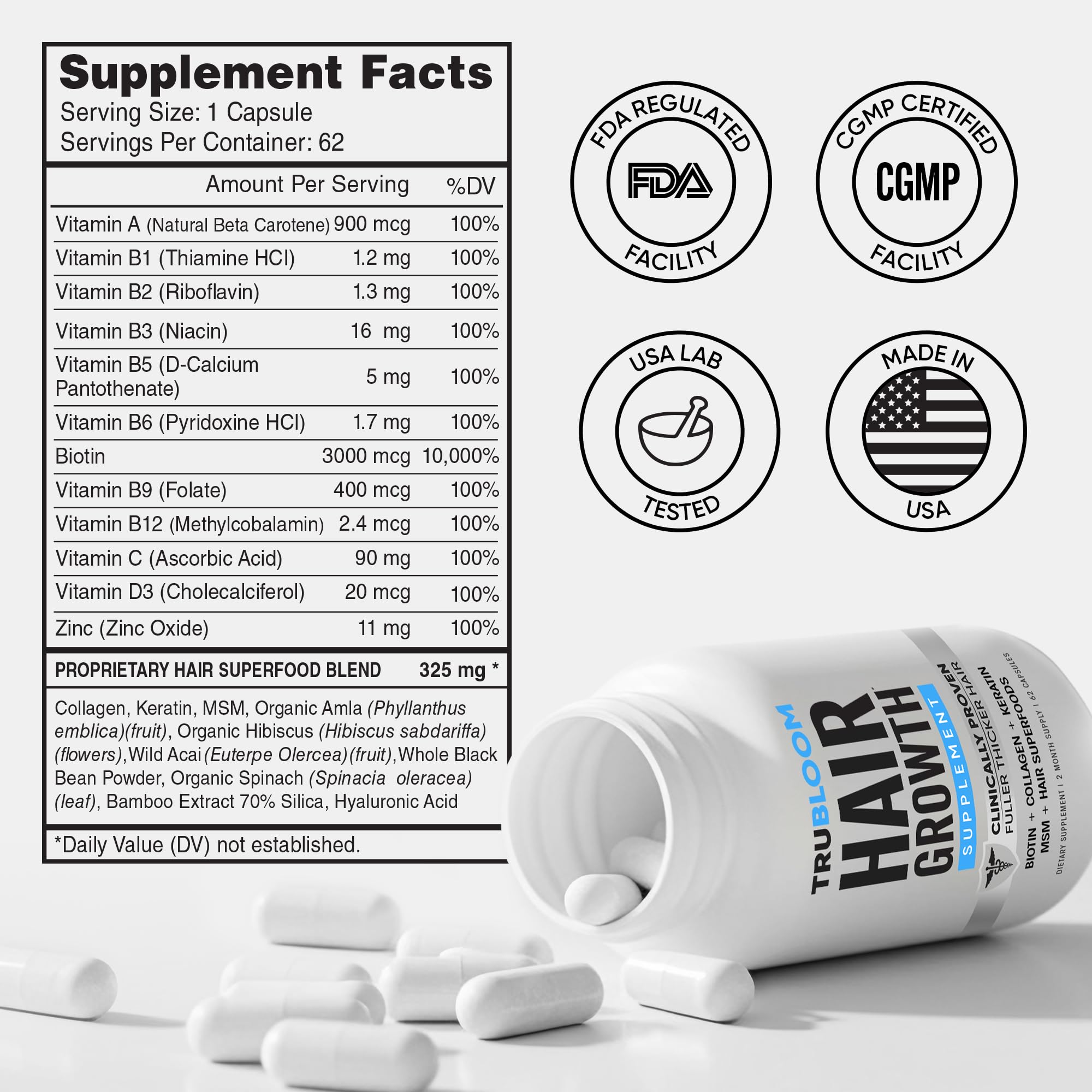 Tru Bloom label close-up highlighting clinically studied formula for hair health