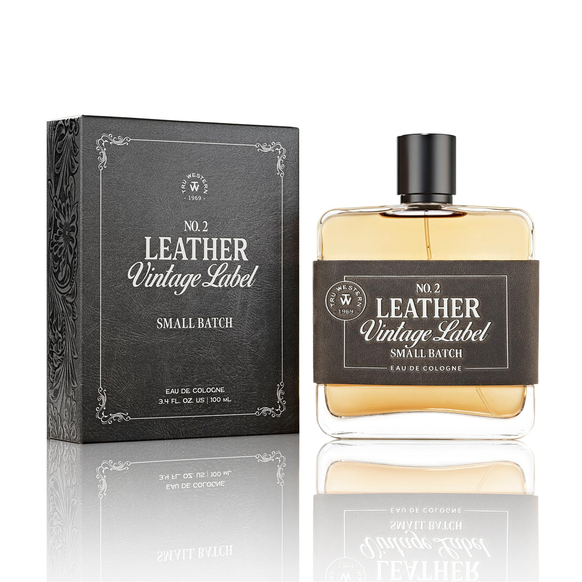Tru Fragrance Beauty Leather No. 2 bottle closeup showing warm, masculine notes in focus.