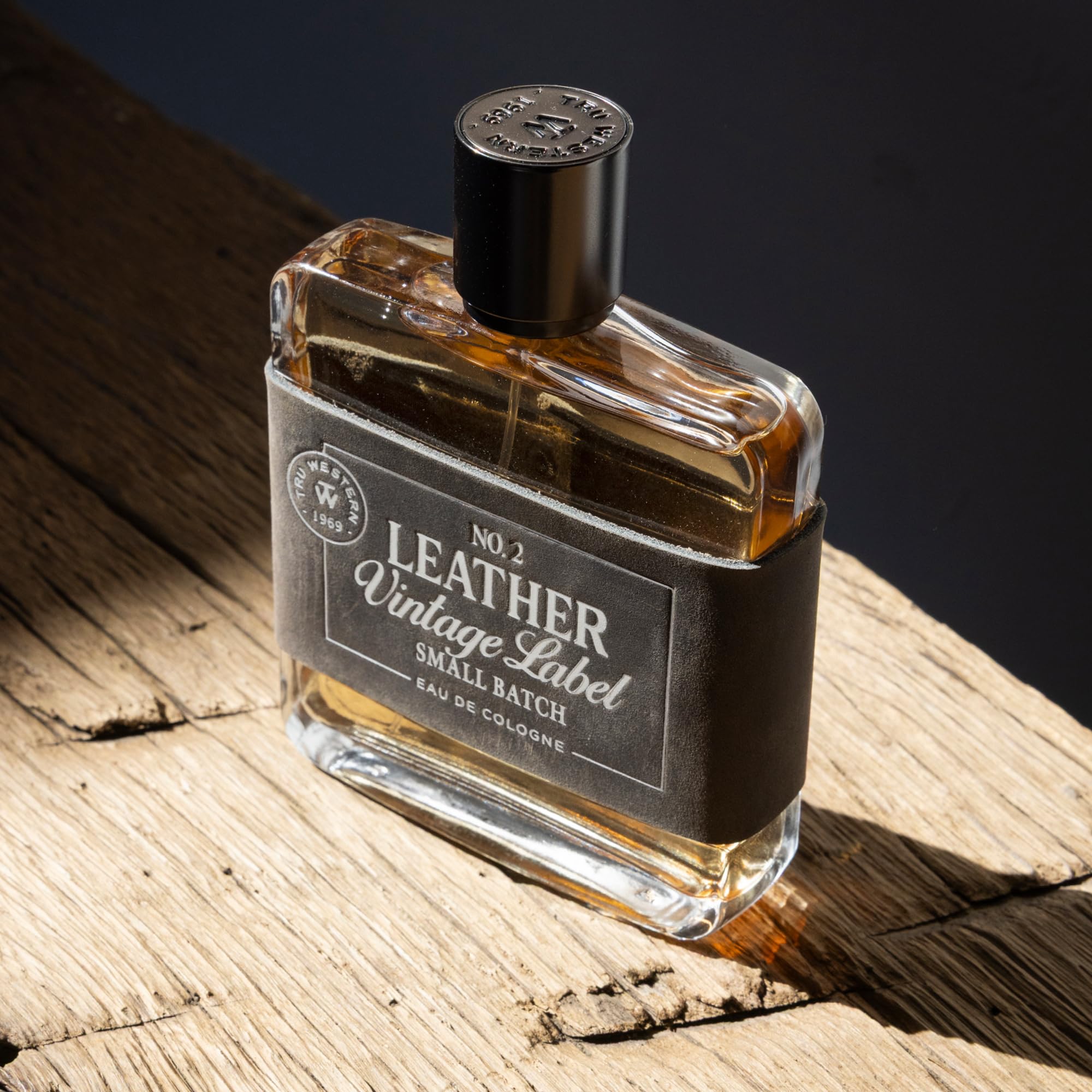 Tru Fragrance Beauty Leather No. 2 vintage label evoking Western craftsmanship.