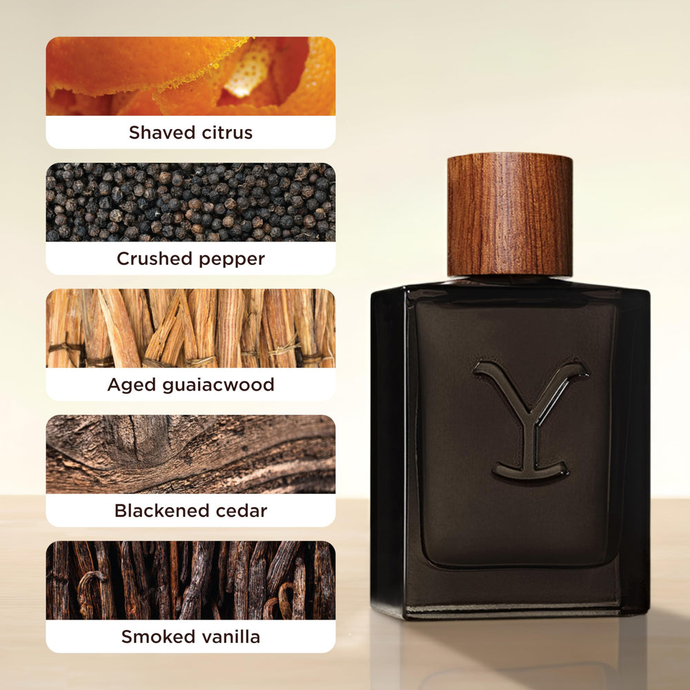 Close-up label reveals shaved citrus and leather notes