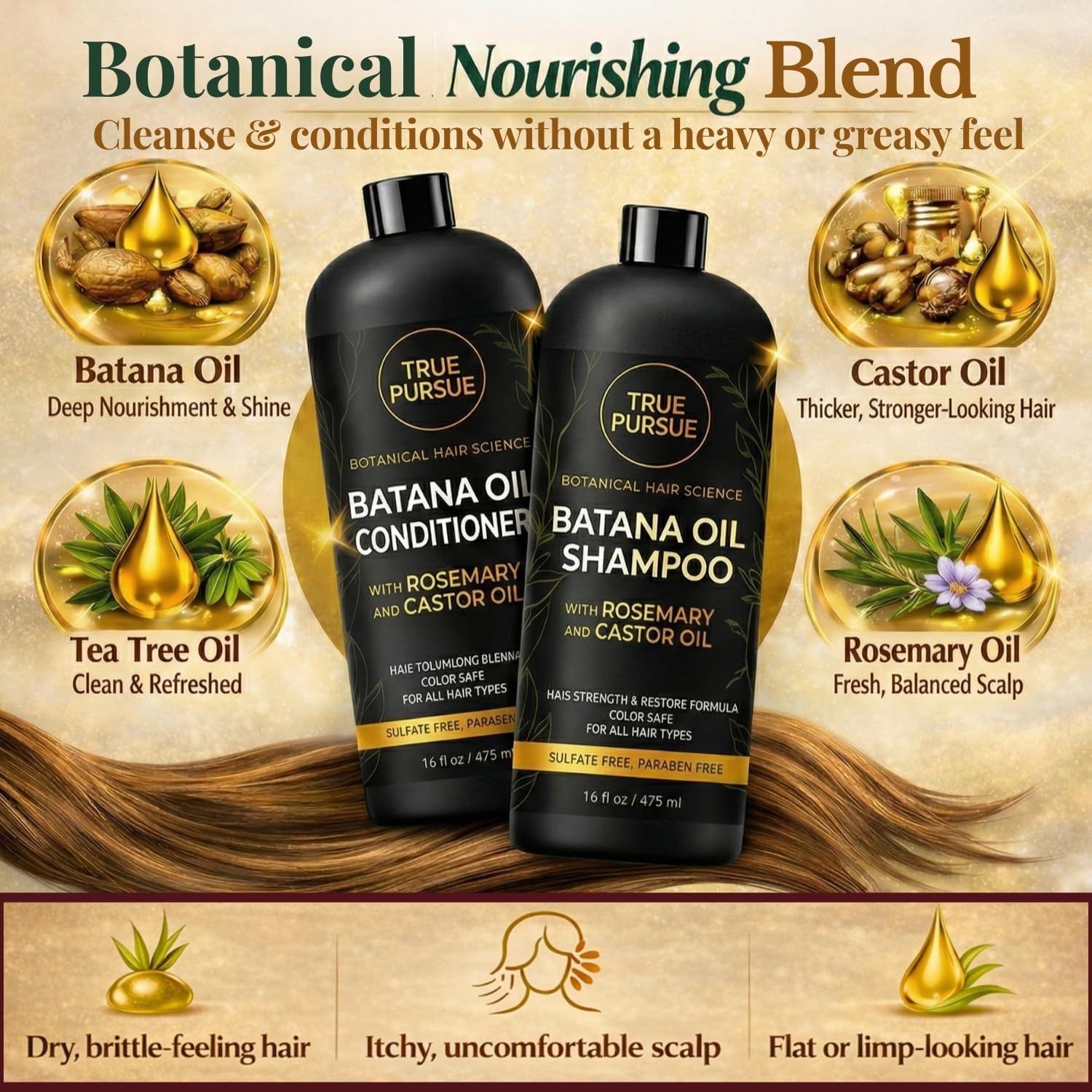 TRUÉ PURSUÉ Batana Oil Acondicionador, botella frontal; suavidad y peinado fácil.